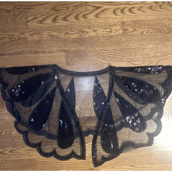 Vintage Sequin Black Poncho Butterfly Teardrop Womens Cropped Art Deco Scalloped - Picture 12 of 16